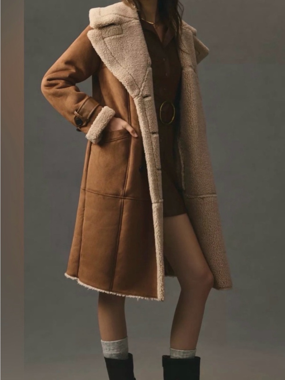 Avec Les Filles Brown Shearling Coat with Cream Trimmed Collar - Picture 2 of 5